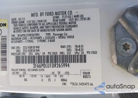 2013 Ford Fusion Hybrid Se z USA, uszkodzony, nr VIN 3FA6P0LU1DR265994